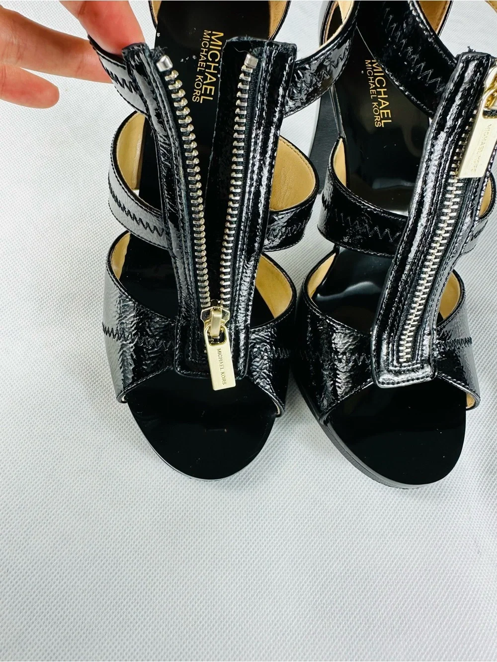 MICHAEL Michael Kors Black Patent Leather T-Strap Zip High Heels
